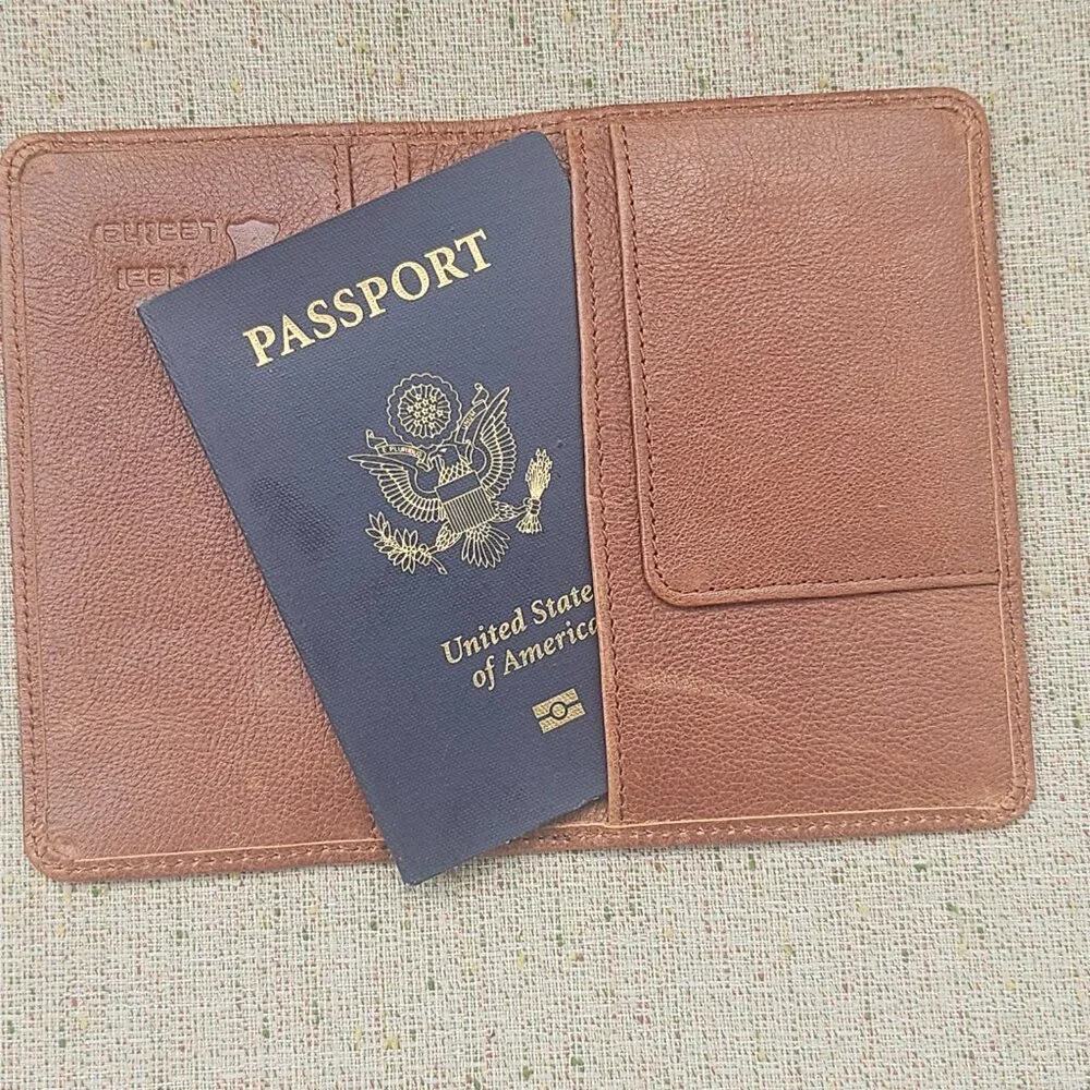Travel Passport Holder Card Holder Brown Real Genuine Leather Handmade Purse - Picture 1 of 11
